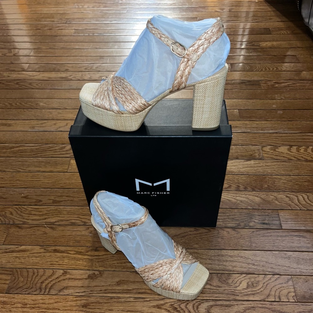Marc Fisher LTD Chela Platform Raffia Sandals Medium Natural Tan Women’s Size 11 - Picture 2 of 14